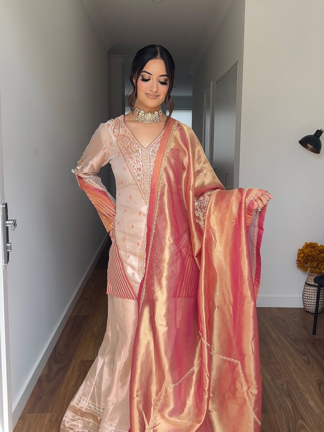 Natasha Shah in our Rose gold short kurta and sharara set