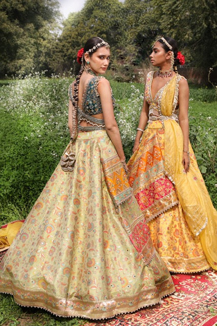 Women's Double Layered Peach Floral Lehenga Set  backview