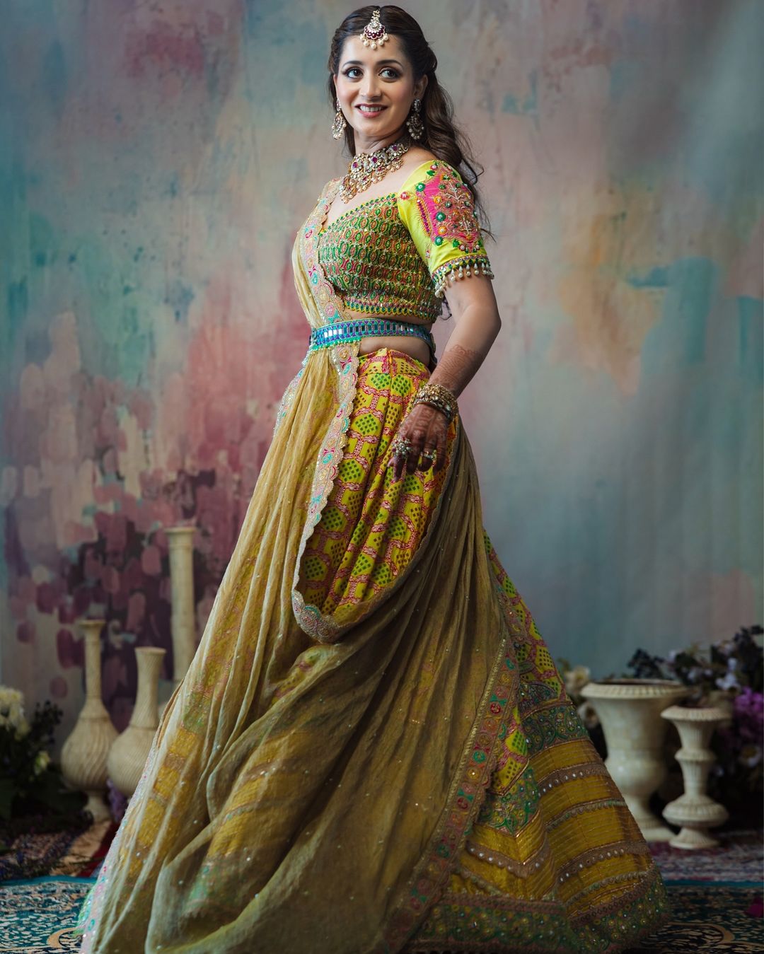 Rukmini Neil Mukesh in our Yellow Bandhani Banarasi Woven Lehenga