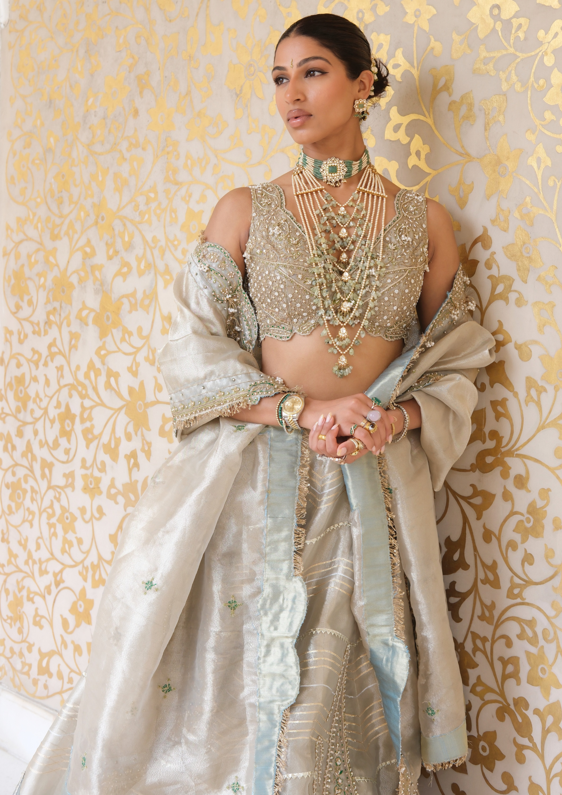 Geena Singh in our Pearl gold silk zari tissue lehnga set