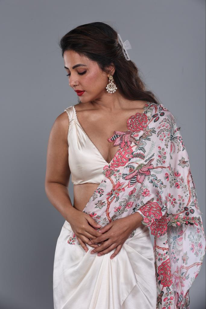 HINA KHAN IN IVORY SATIN SAREE