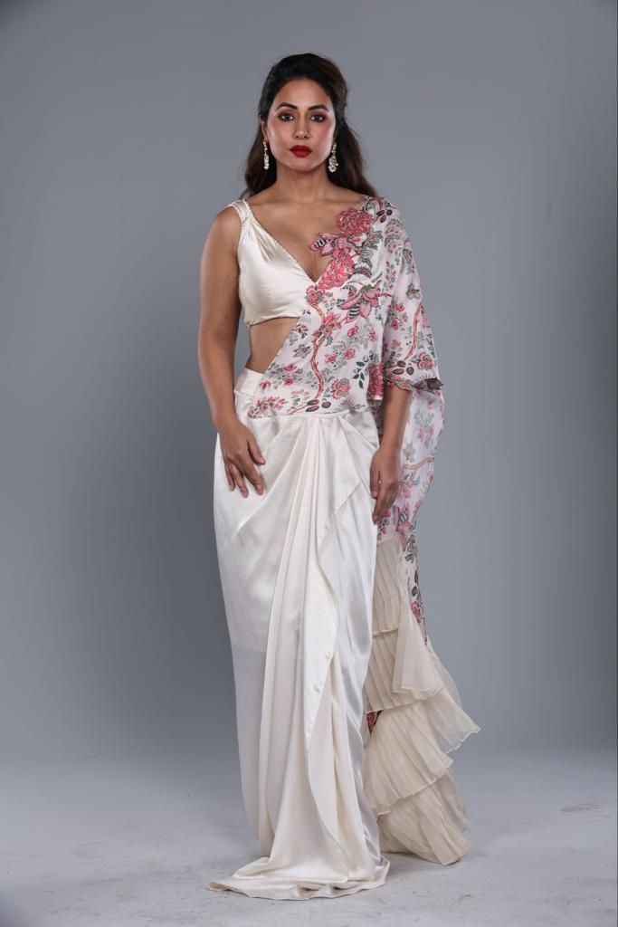 HINA KHAN IN IVORY SATIN SAREE