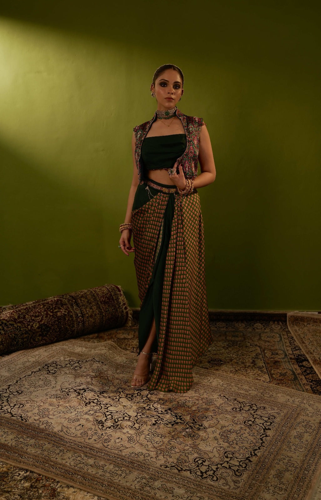 Green draped skirt with blouse and jamawar jacket
