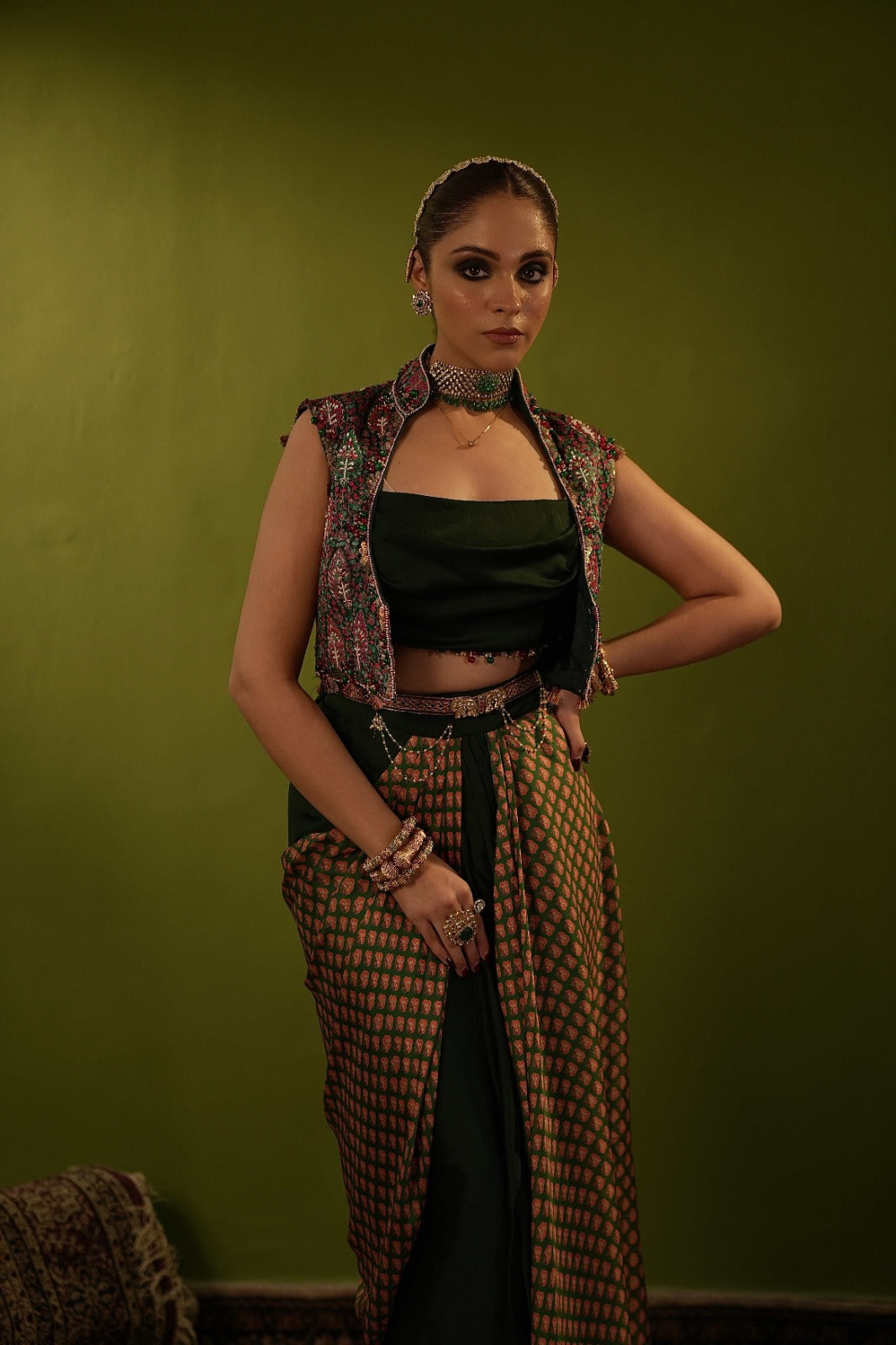 Green draped skirt with blouse and jamawar jacket