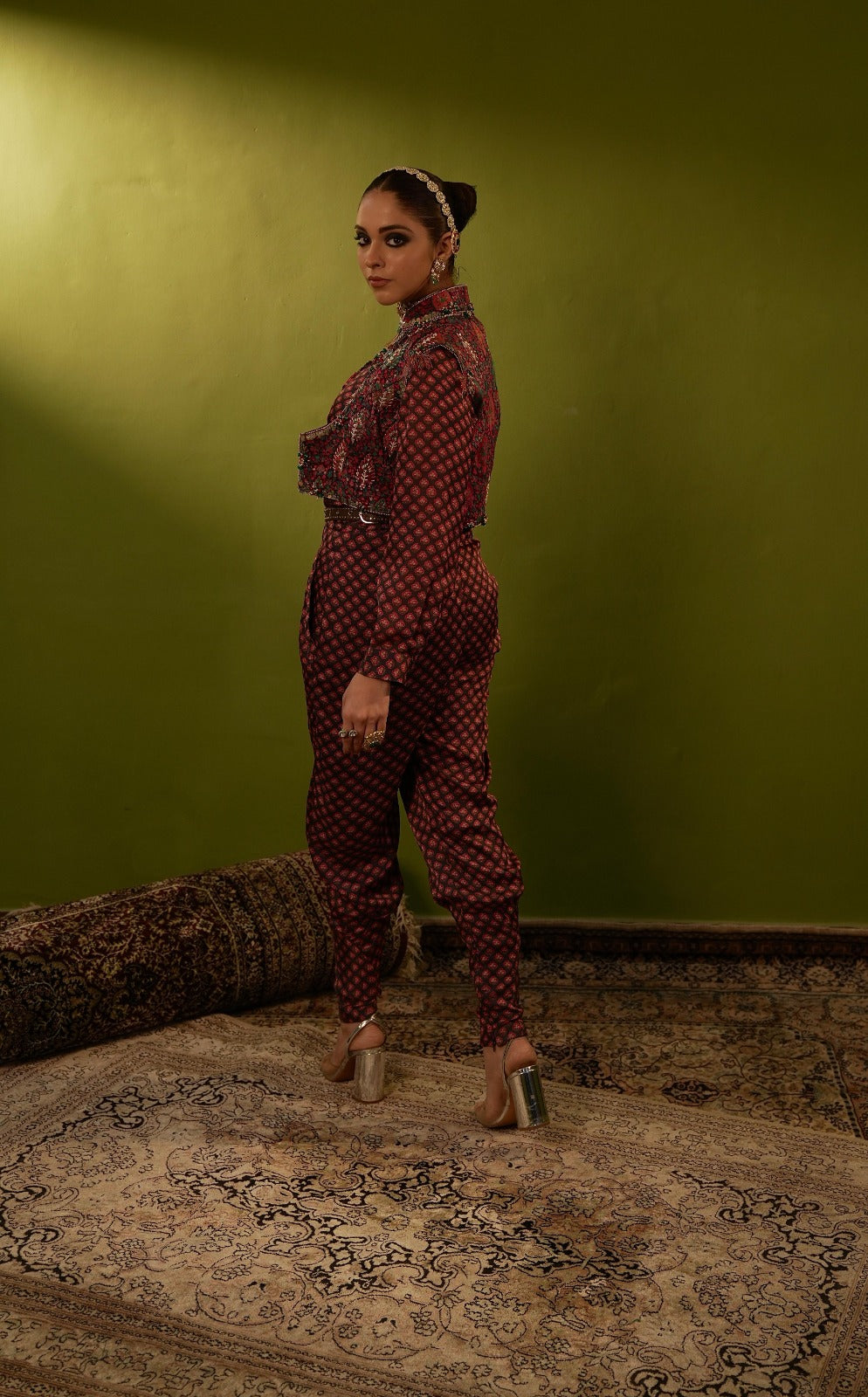 Maroon jumpsuit with jamawar jacket
