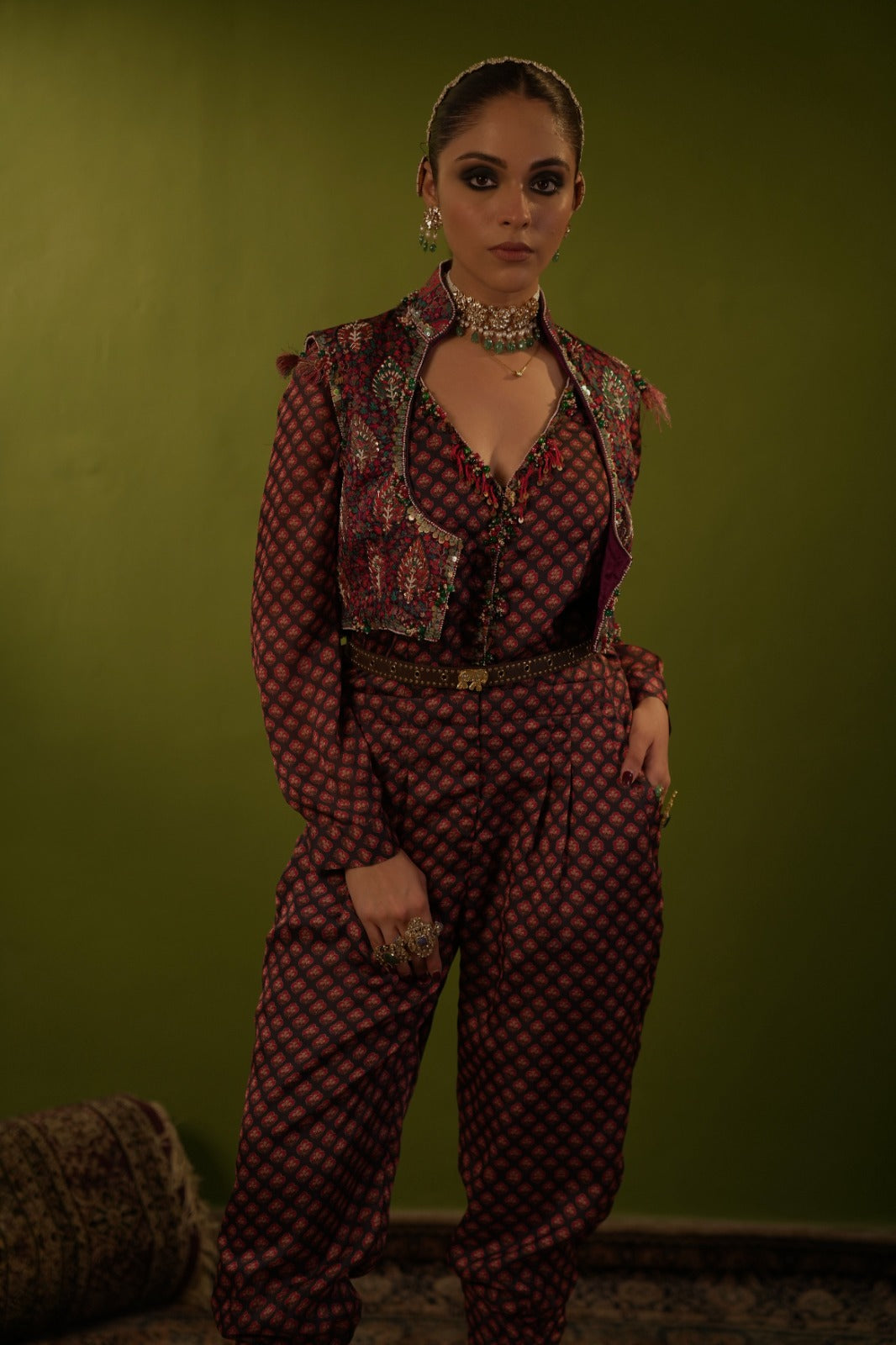 Maroon jumpsuit with jamawar jacket
