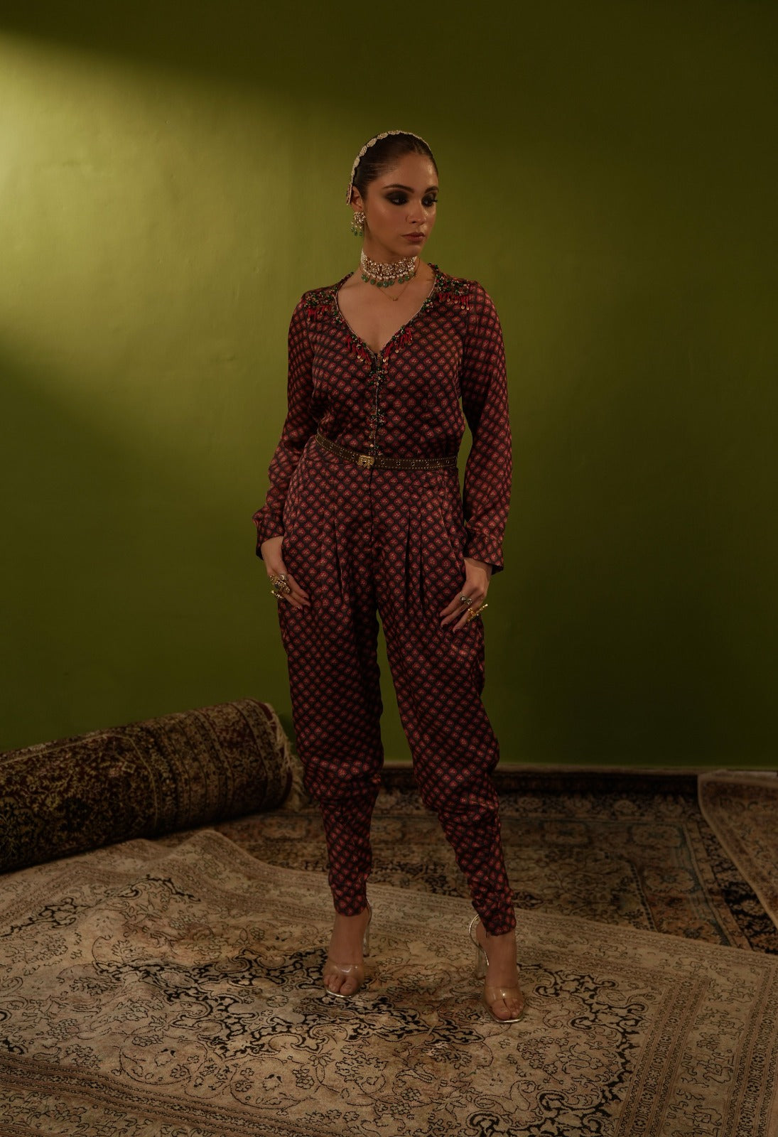 Maroon jumpsuit with jamawar jacket