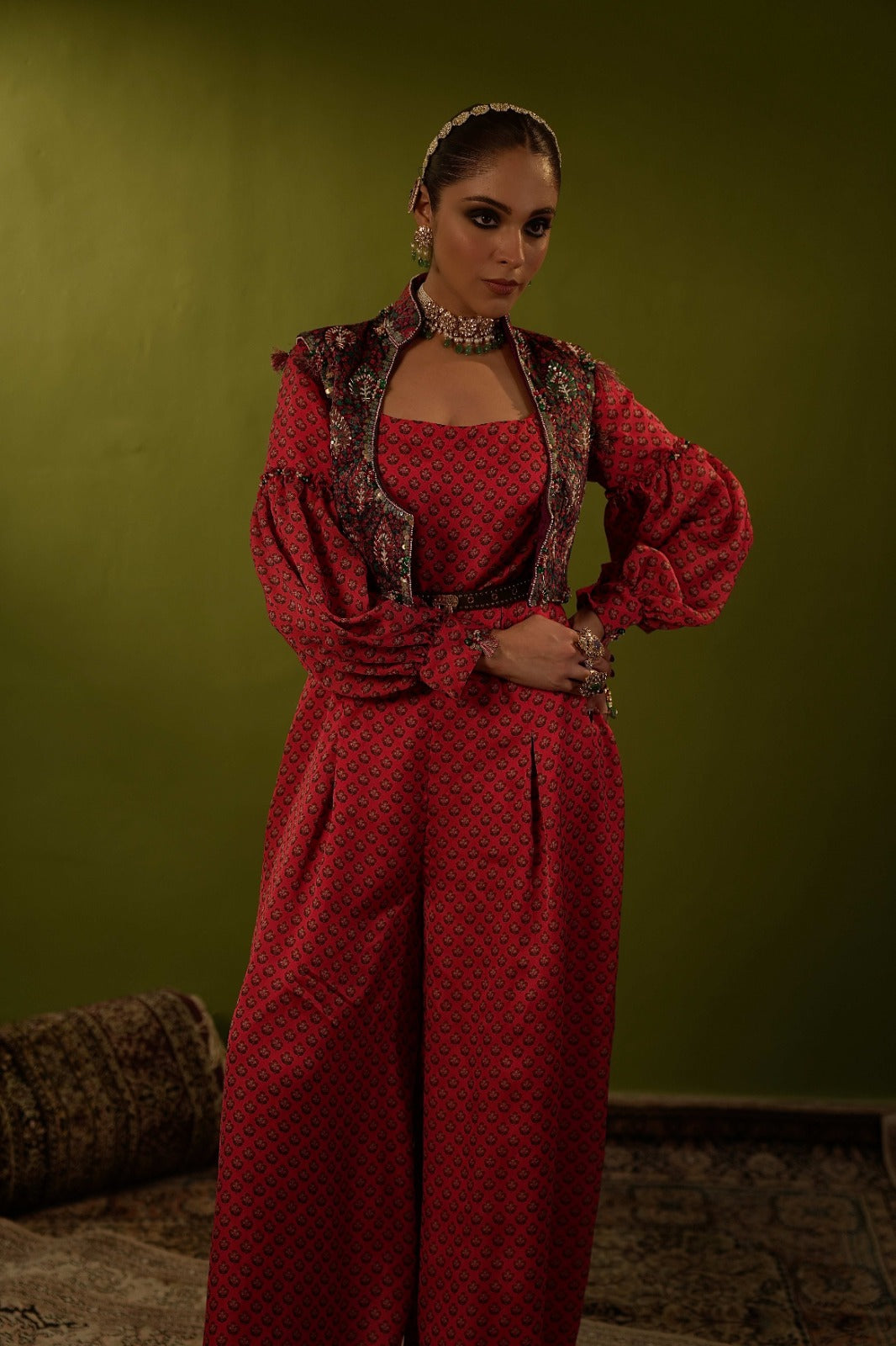Red jumpsit with jamawar jacket