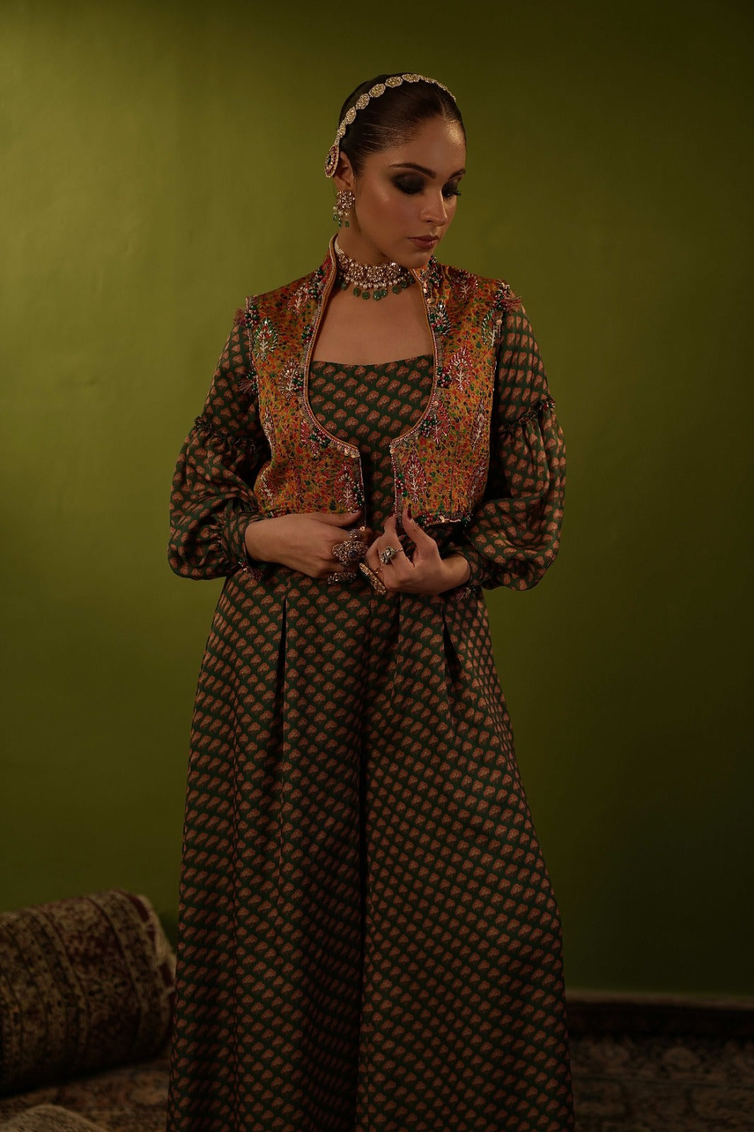 Green jumpsit with mustard yellow jamawar jacket