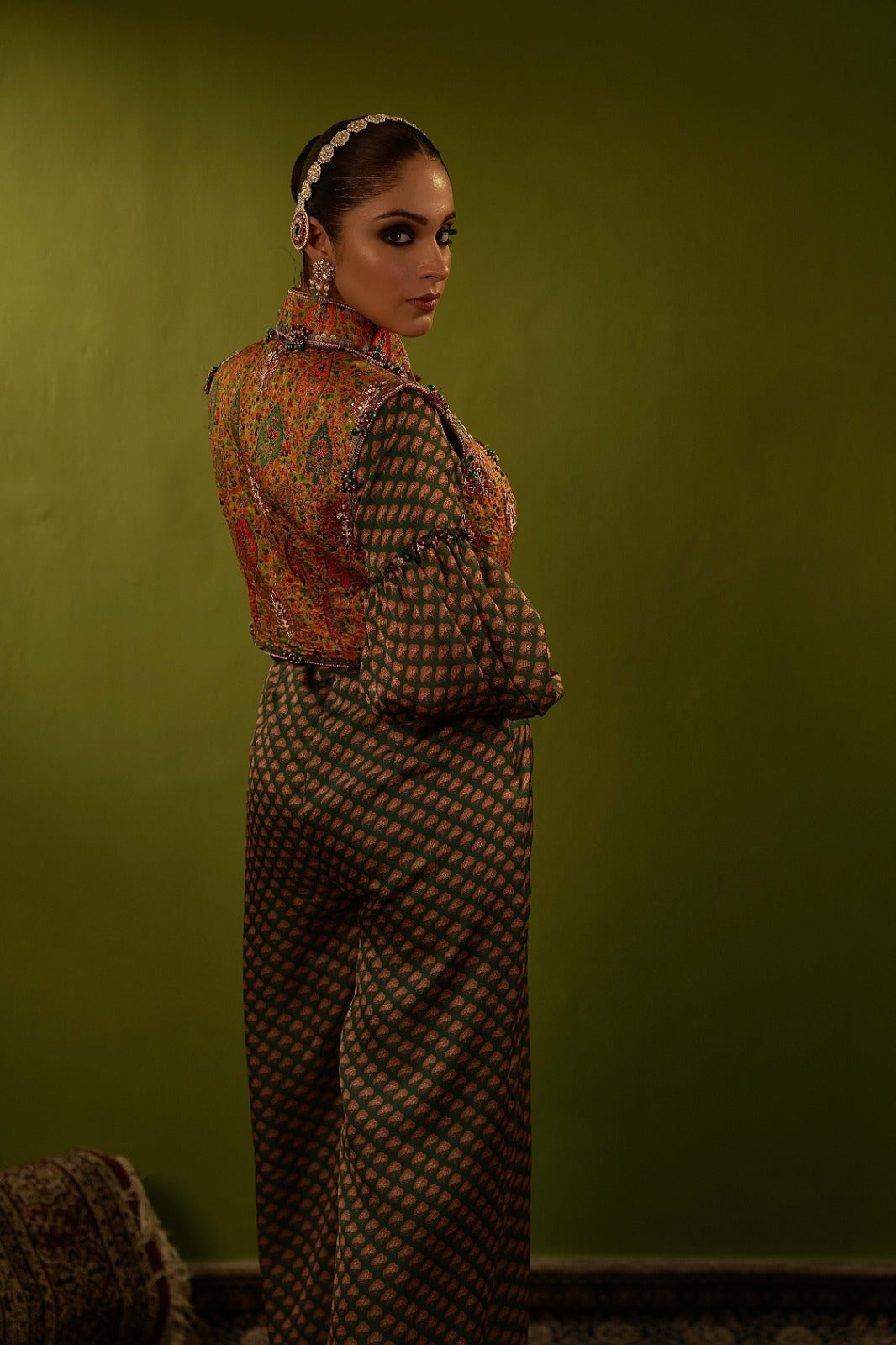 Green jumpsit with mustard yellow jamawar jacket