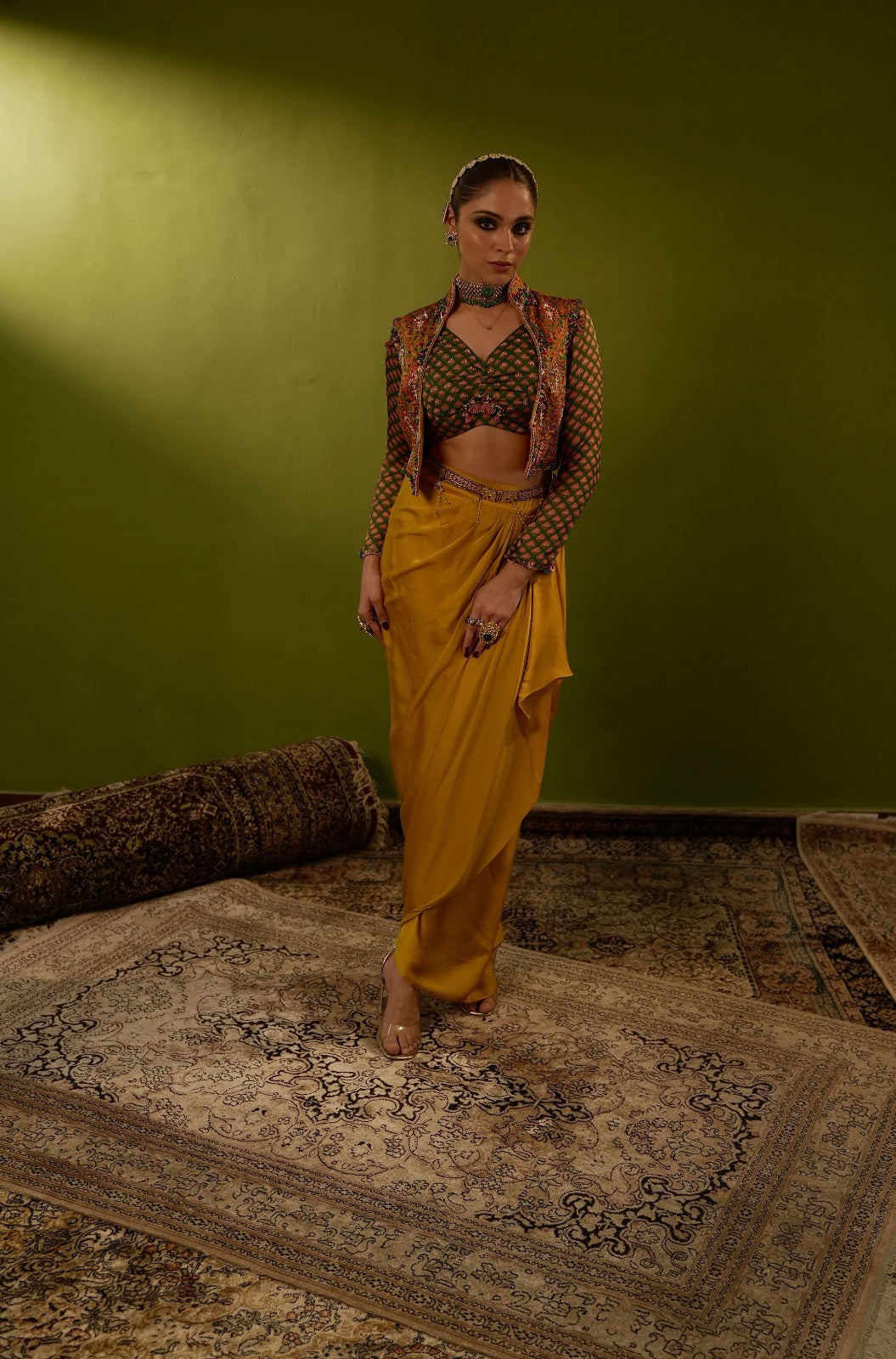 Mustard yellow draped skirt with  jamawar jacket and green blouse