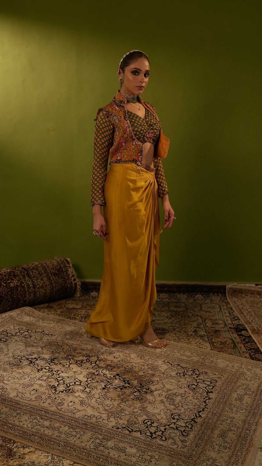 Mustard yellow draped skirt with  jamawar jacket and green blouse