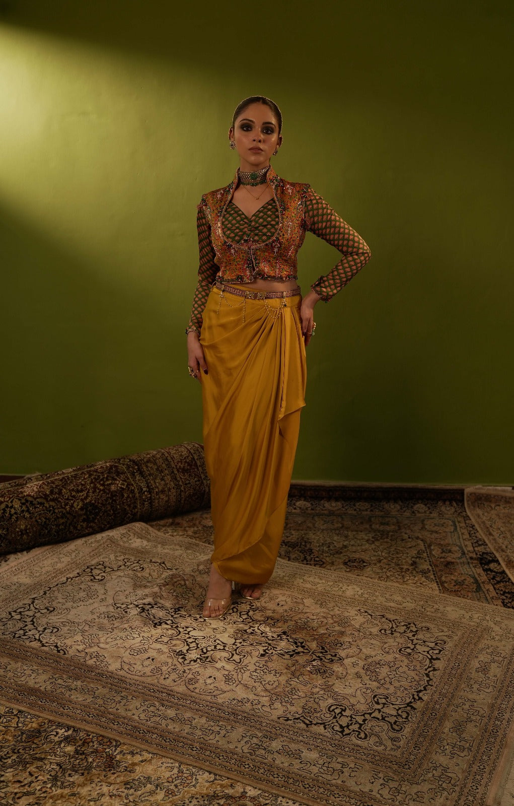 Mustard yellow draped skirt with  jamawar jacket and green blouse