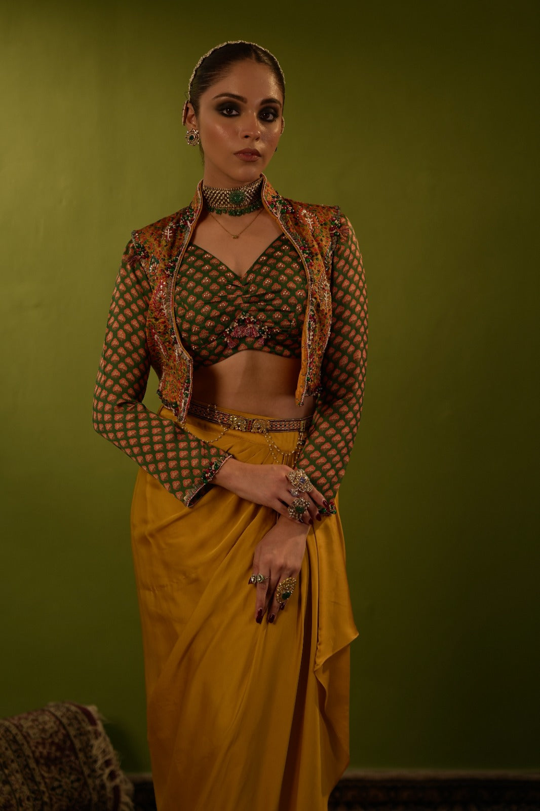 Mustard yellow draped skirt with  jamawar jacket and green blouse