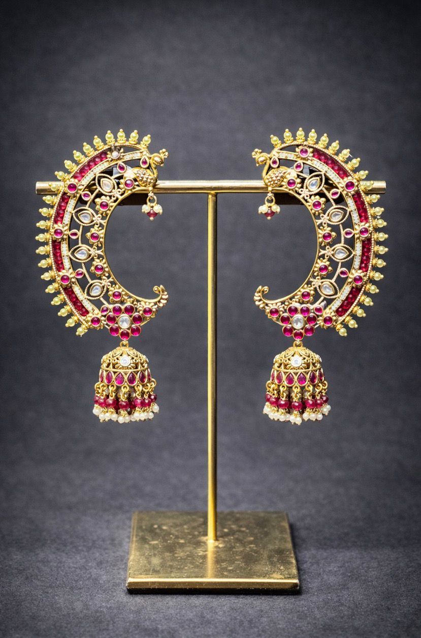 Ruby Peacock Crescent Jhumka Earrings