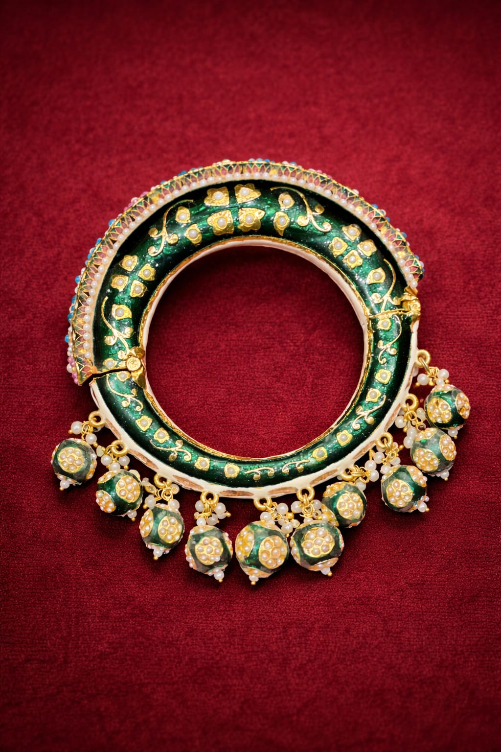 Emerald Meenakari Heritage Bangle with Pearl & Turquoise Detailing