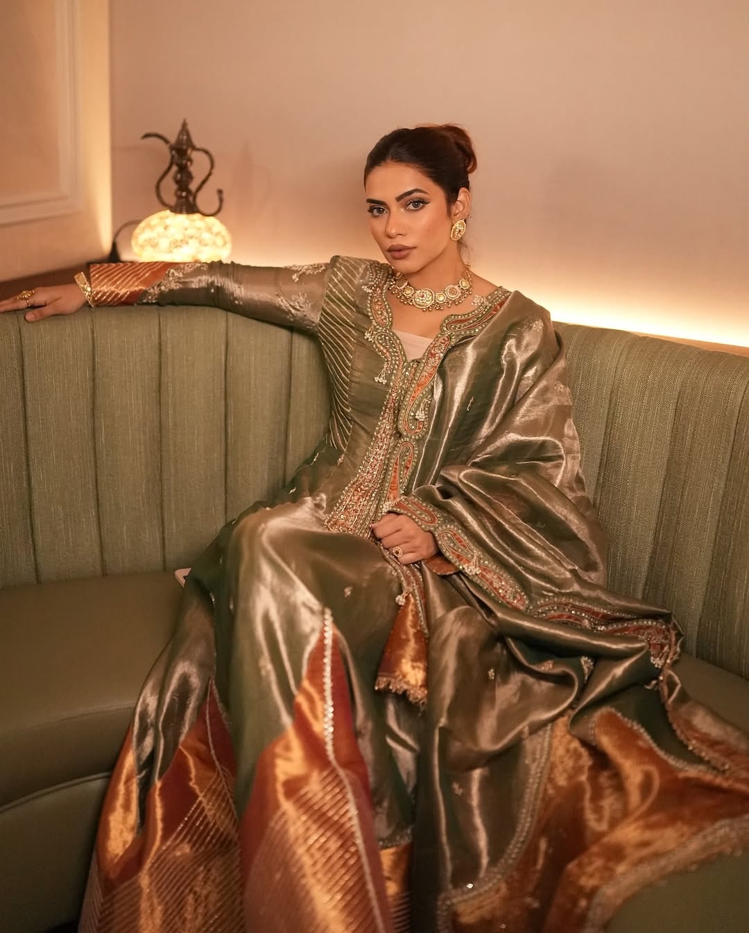 Nagma Mirajkar in our Emerald Green tissue Anarkali with dupatta