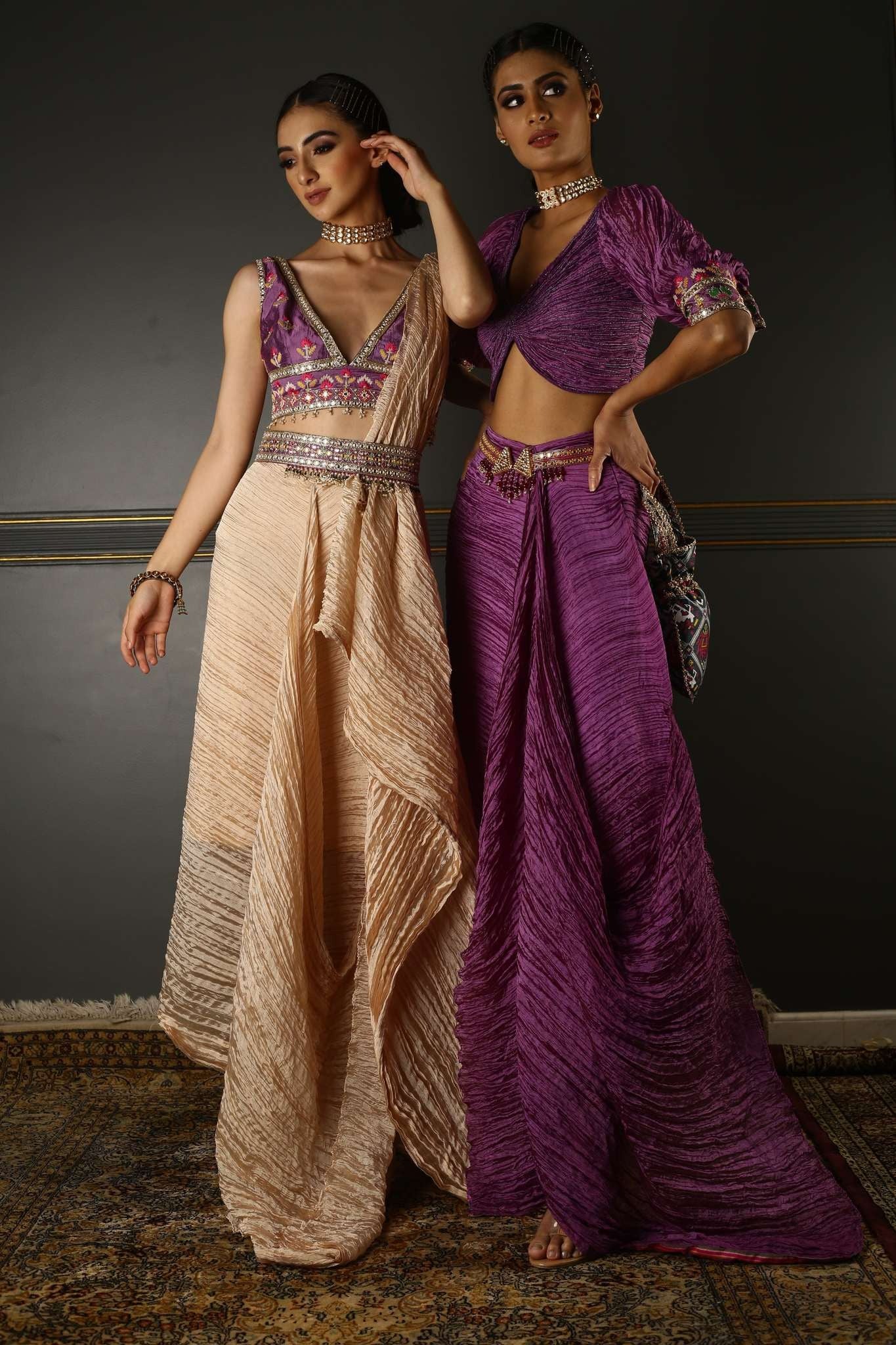 Women's Purple Embroidered Pleated Draped Set