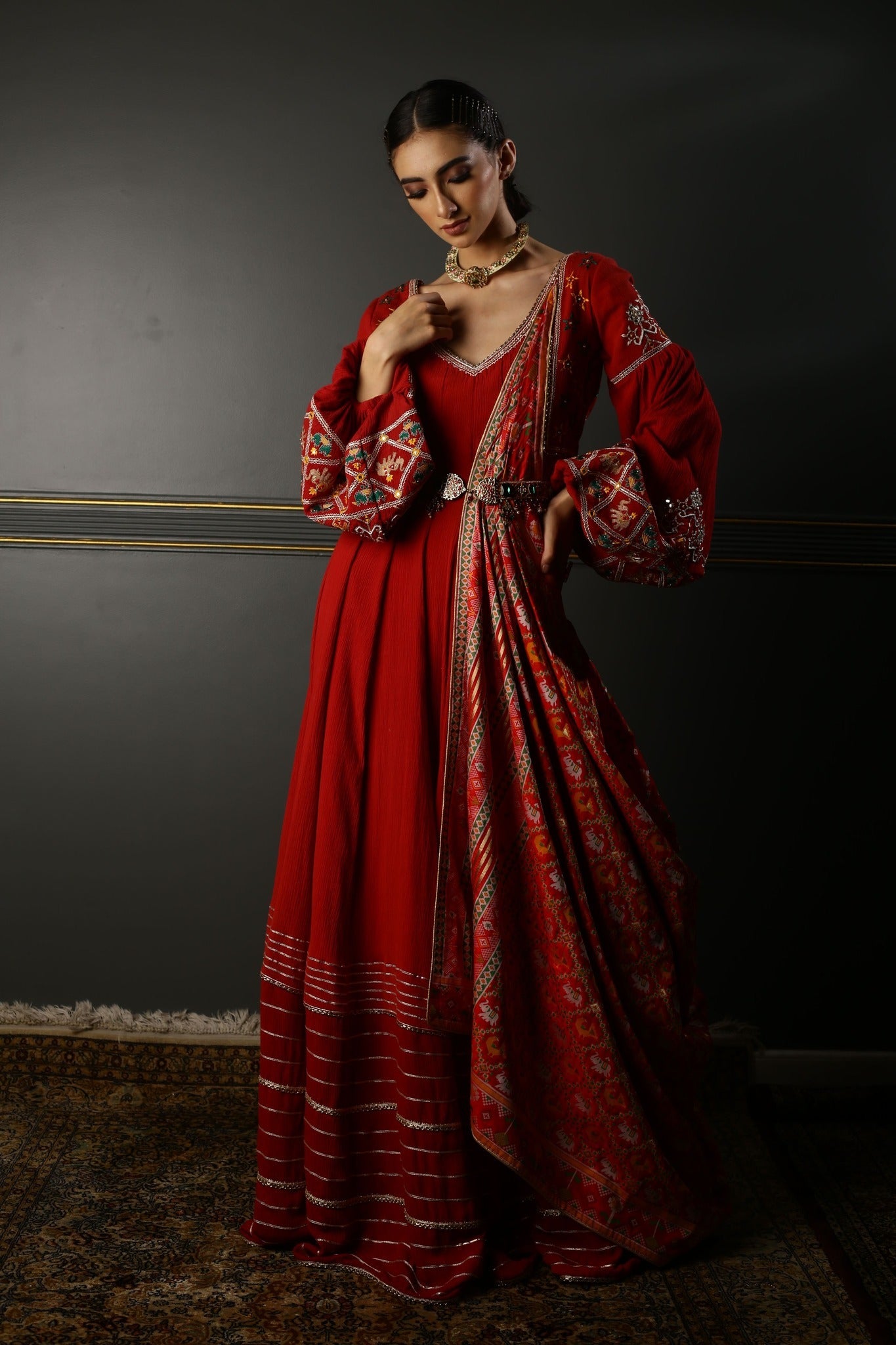 Women's Red Draped Embroidered Anarkali Set