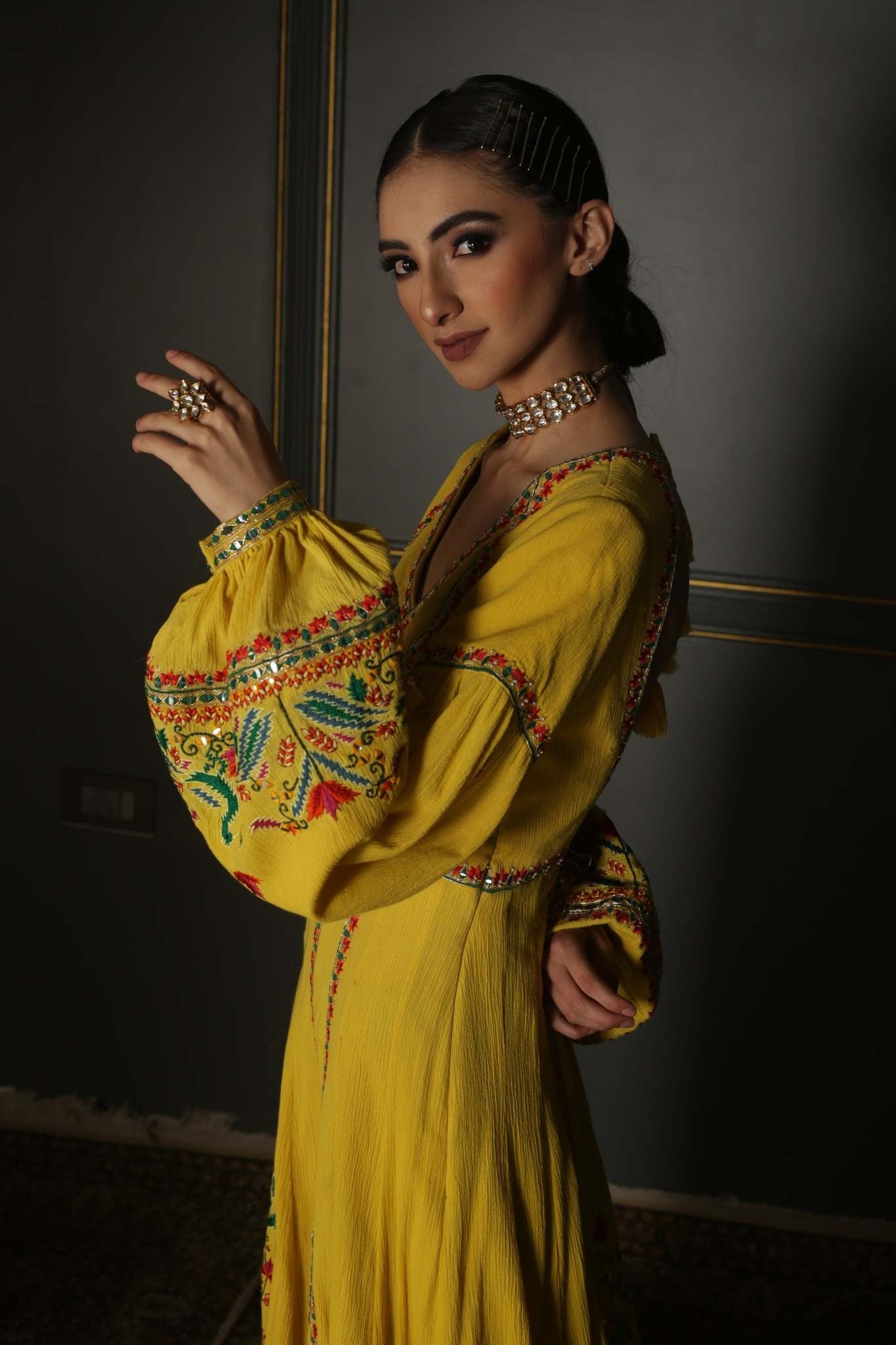 Women's Yellow Hand-Embroidered Anarkali Set 