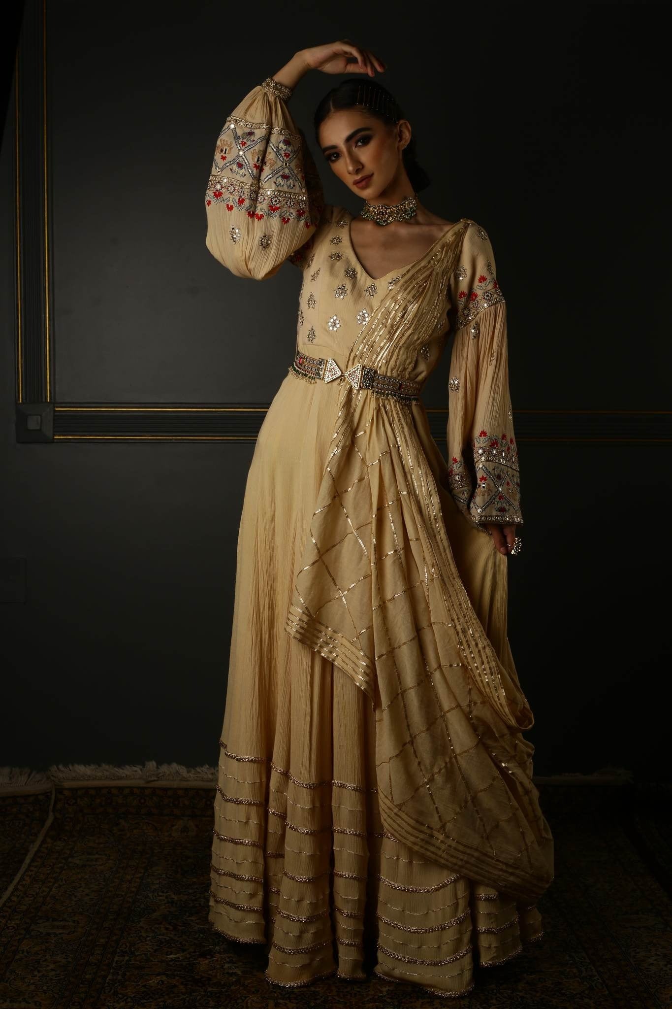 Cream Embroidered Georgette Anarkali Set