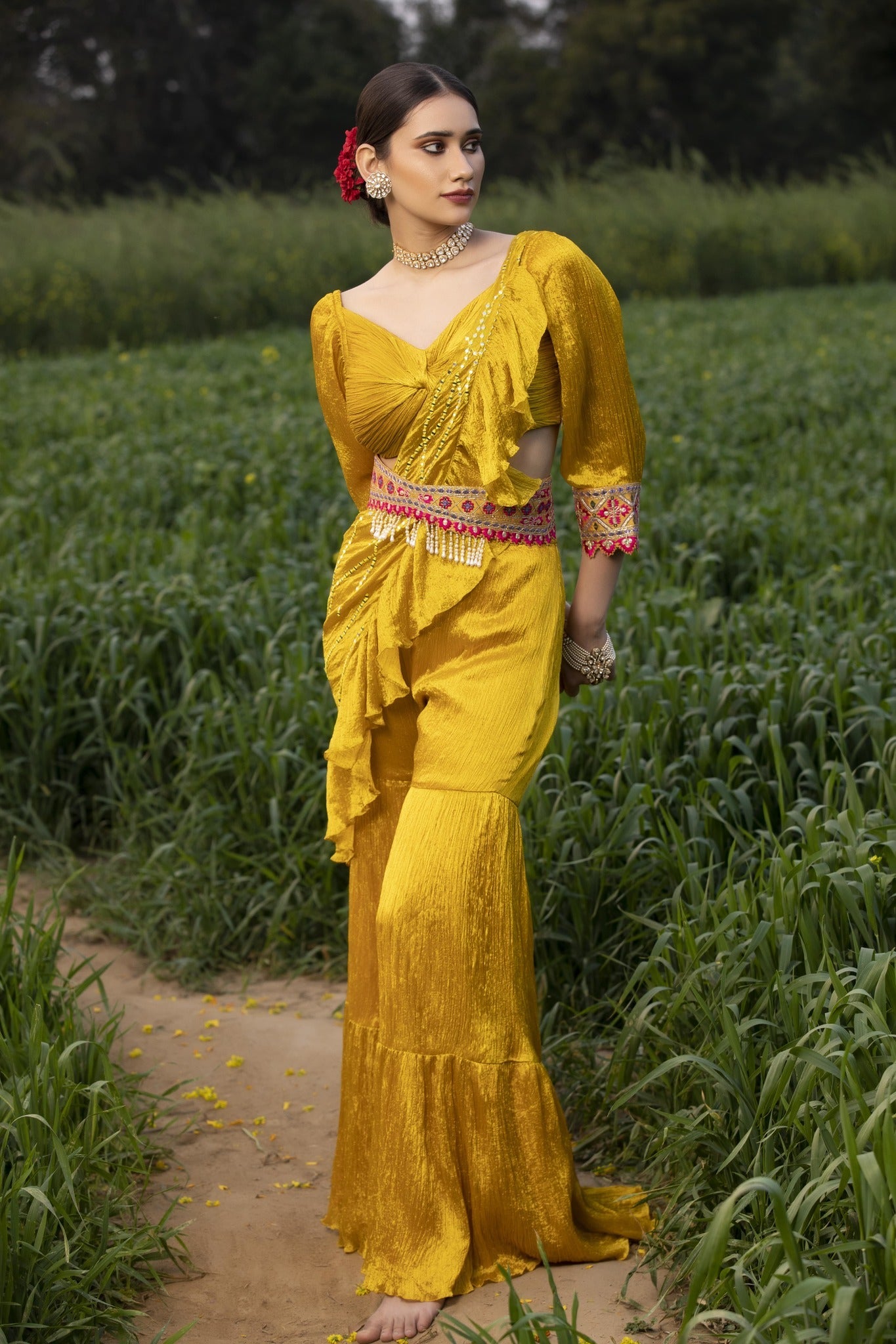 Women's Yellow Pleated Embroidered Sharara Set 