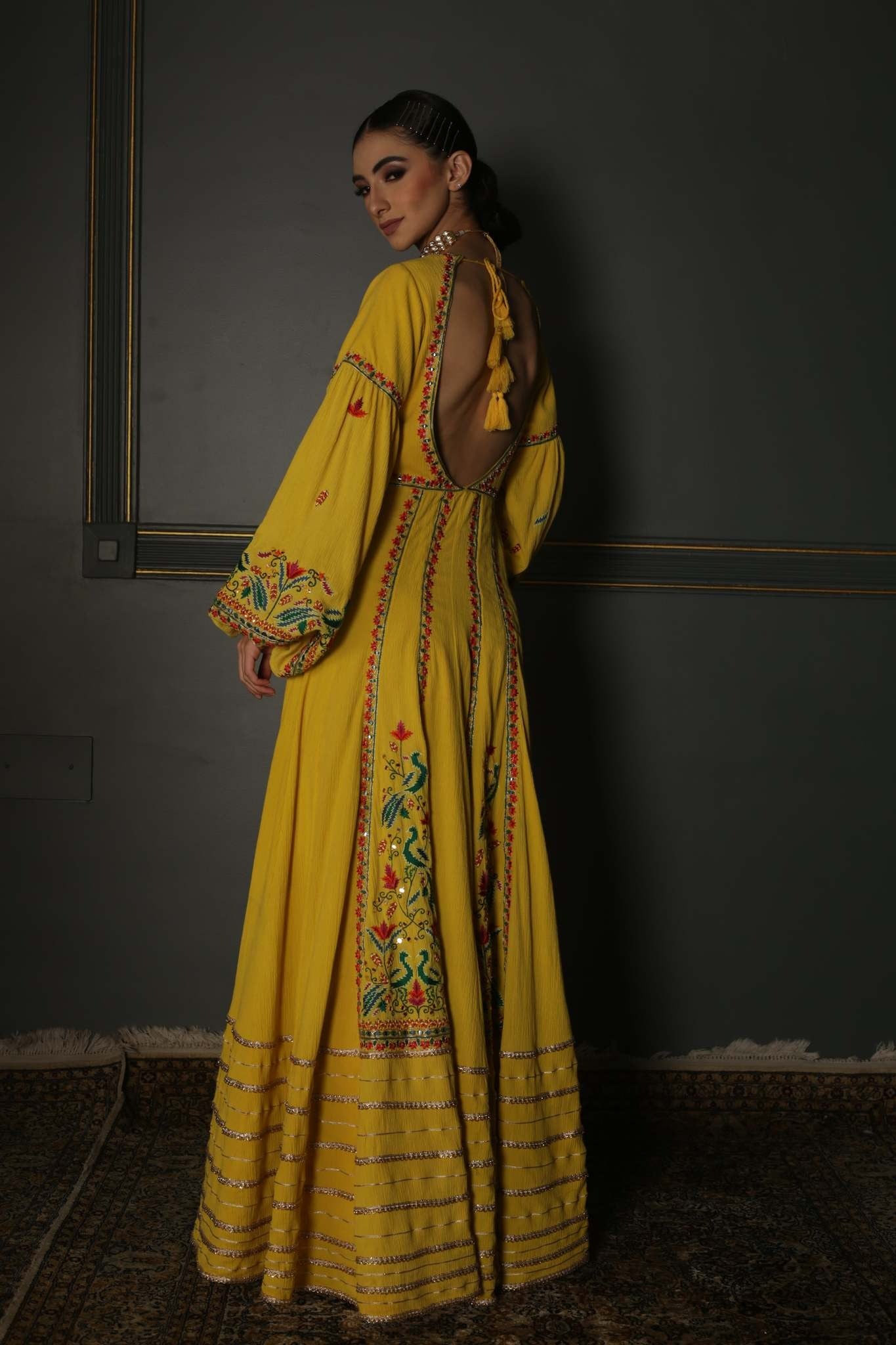 Women's Yellow Hand-Embroidered Anarkali Set  sideview