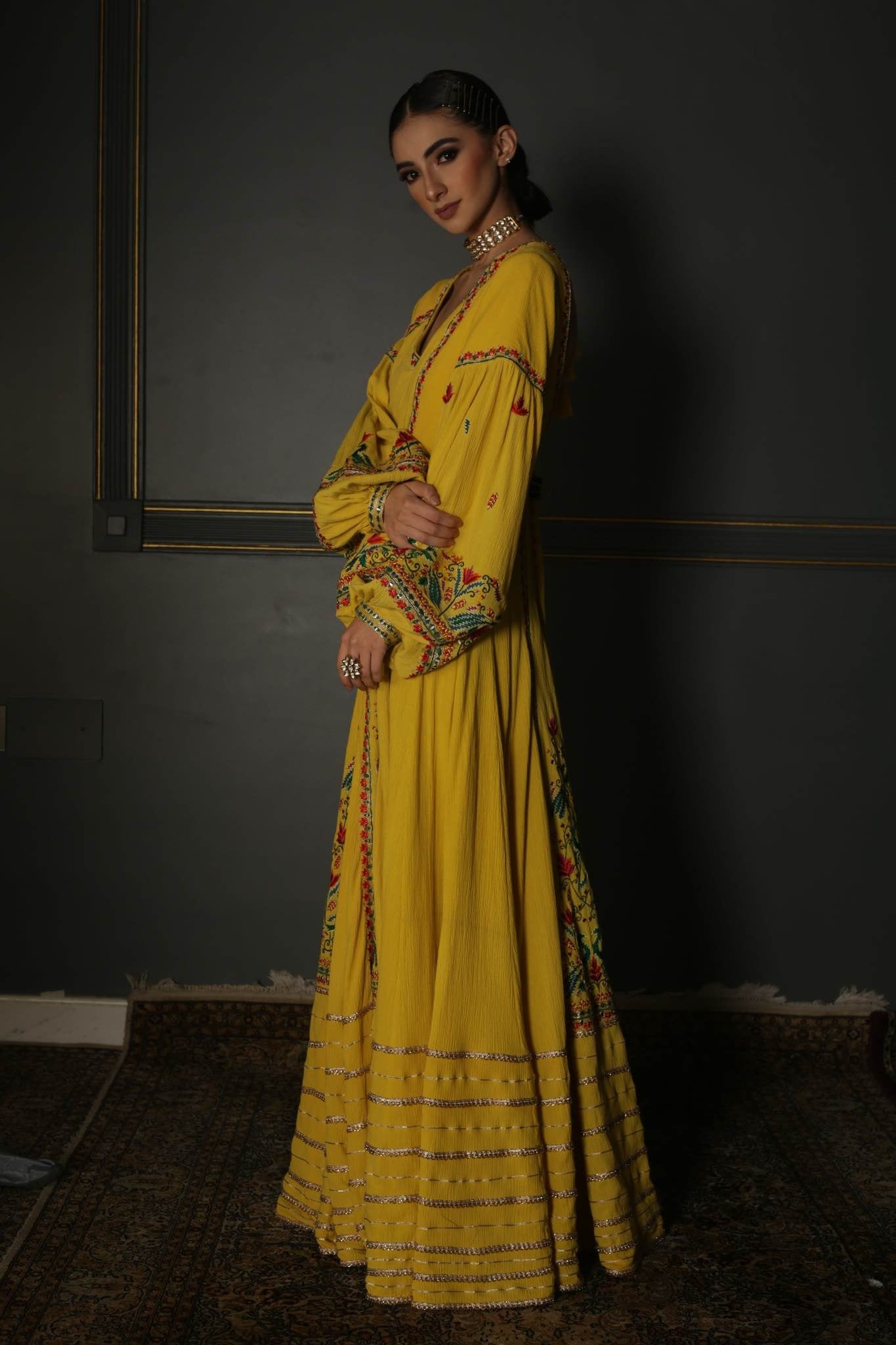 Women's Yellow Hand-Embroidered Anarkali Set  leftview