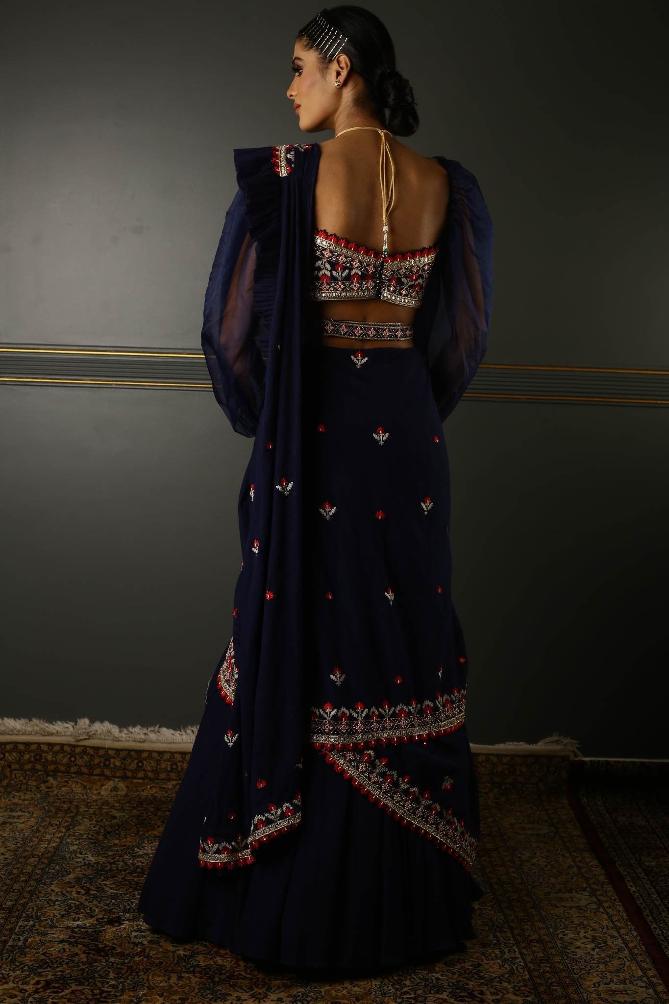 Midnight Blue Georgette Draped Lehenga Setbackside