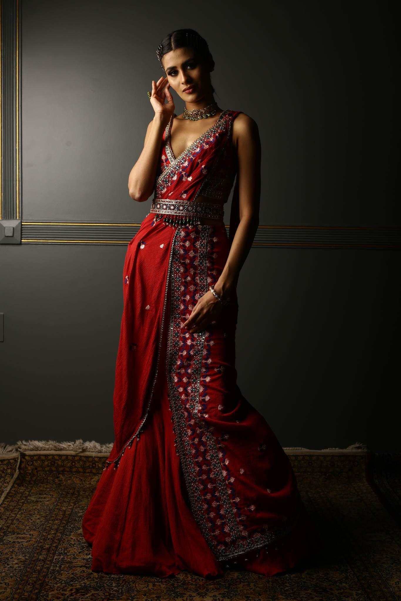 Shop Women's Ruby Red Draped Georgette Saree