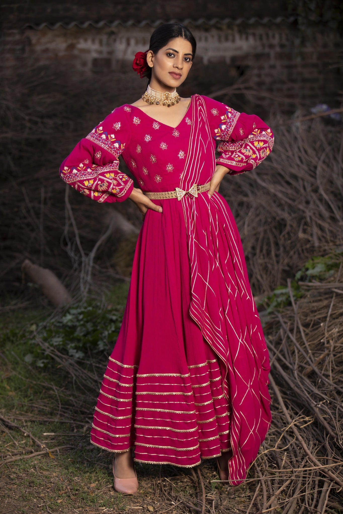 Buy Pink Embroidered Balloon Sleeved Anarkali 