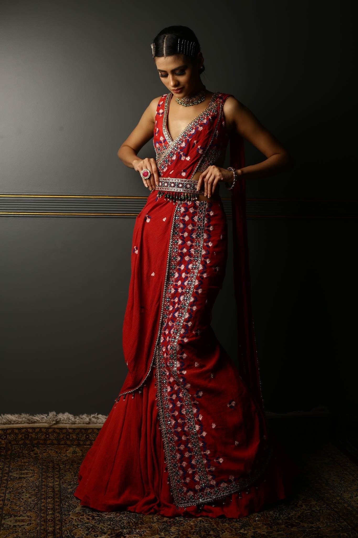 Shop Women's Ruby Red Draped Georgette Saree frontview