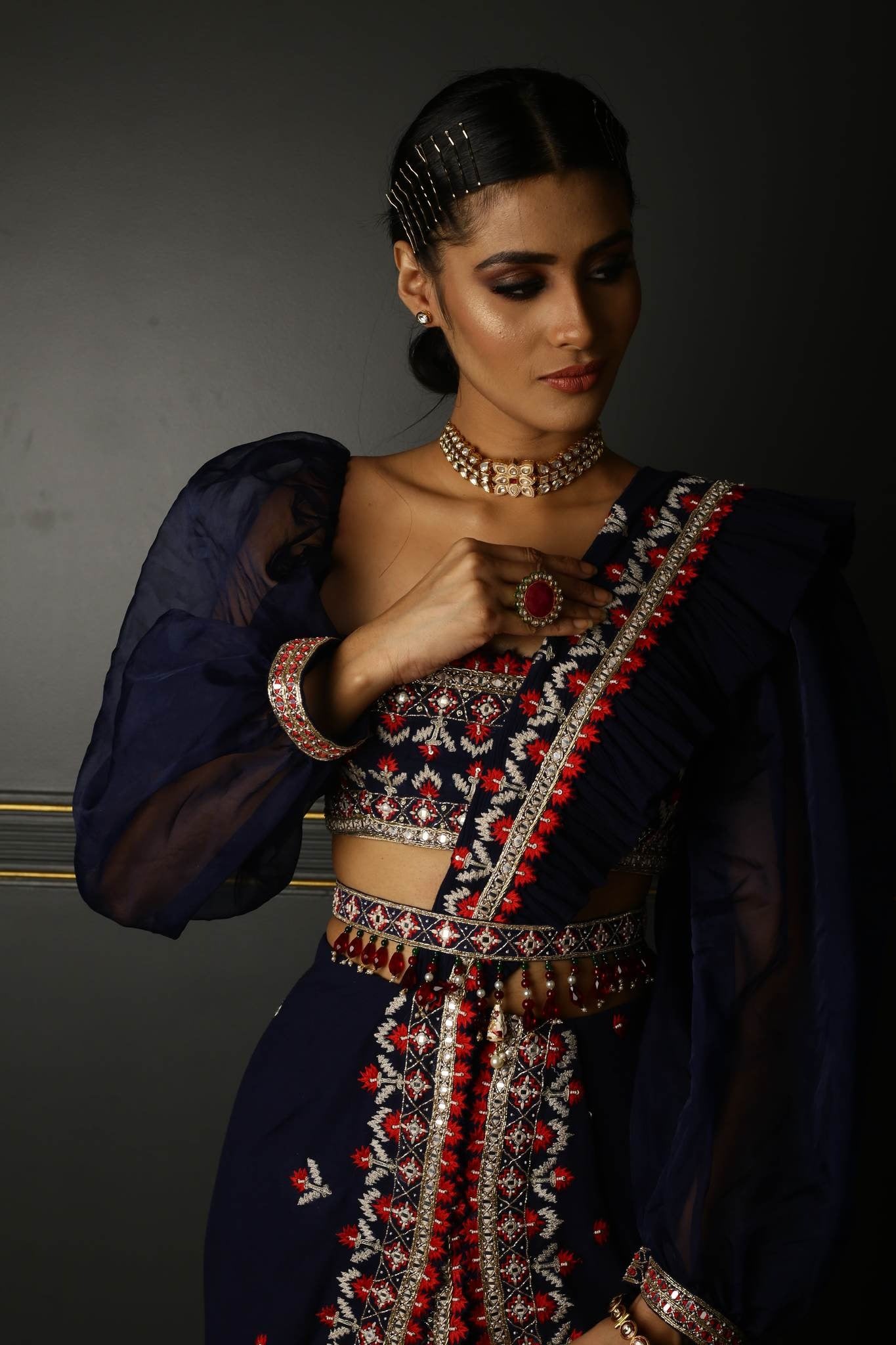 Midnight Blue Georgette Draped Lehenga Set