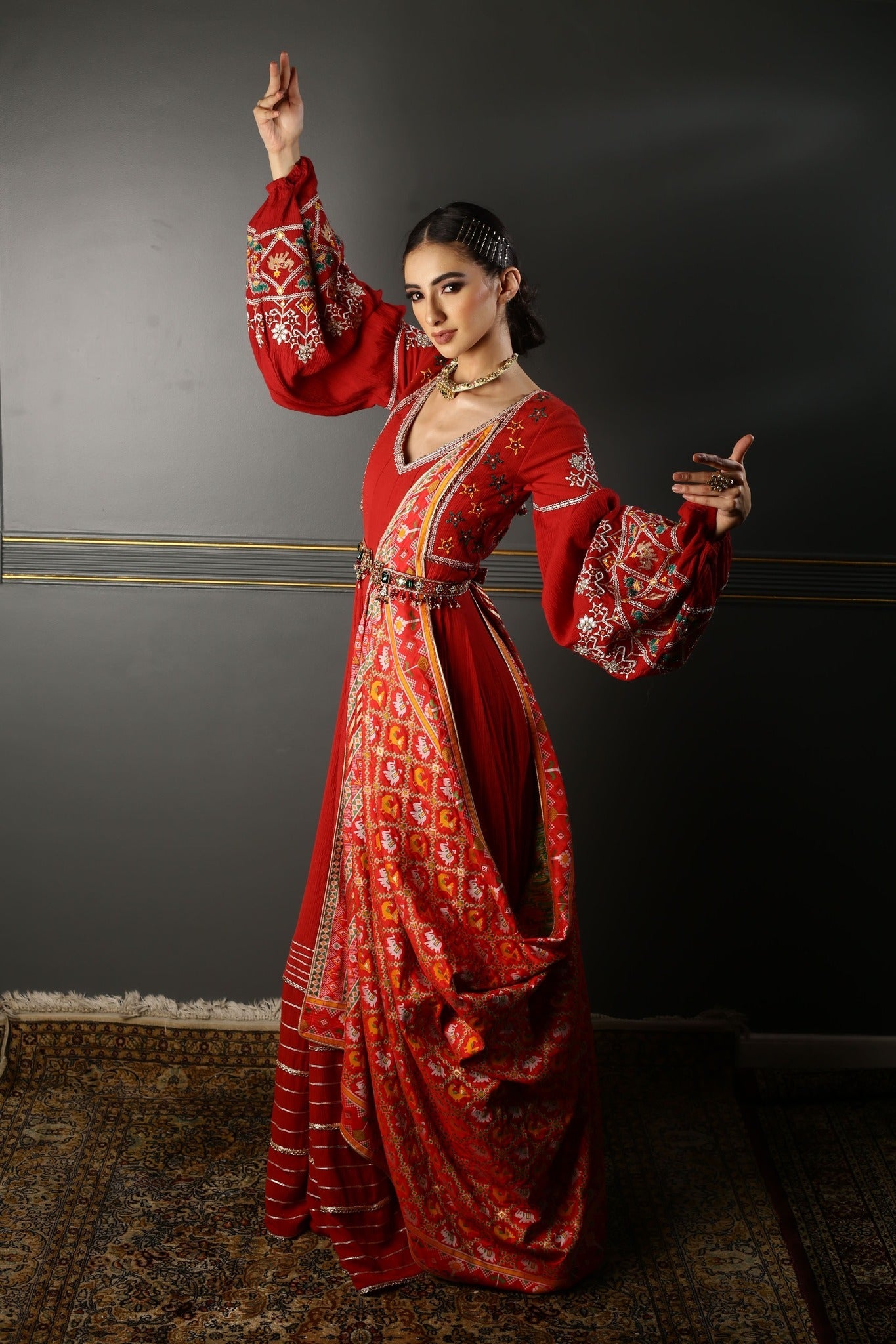 Women's Red Draped Embroidered Anarkali Set