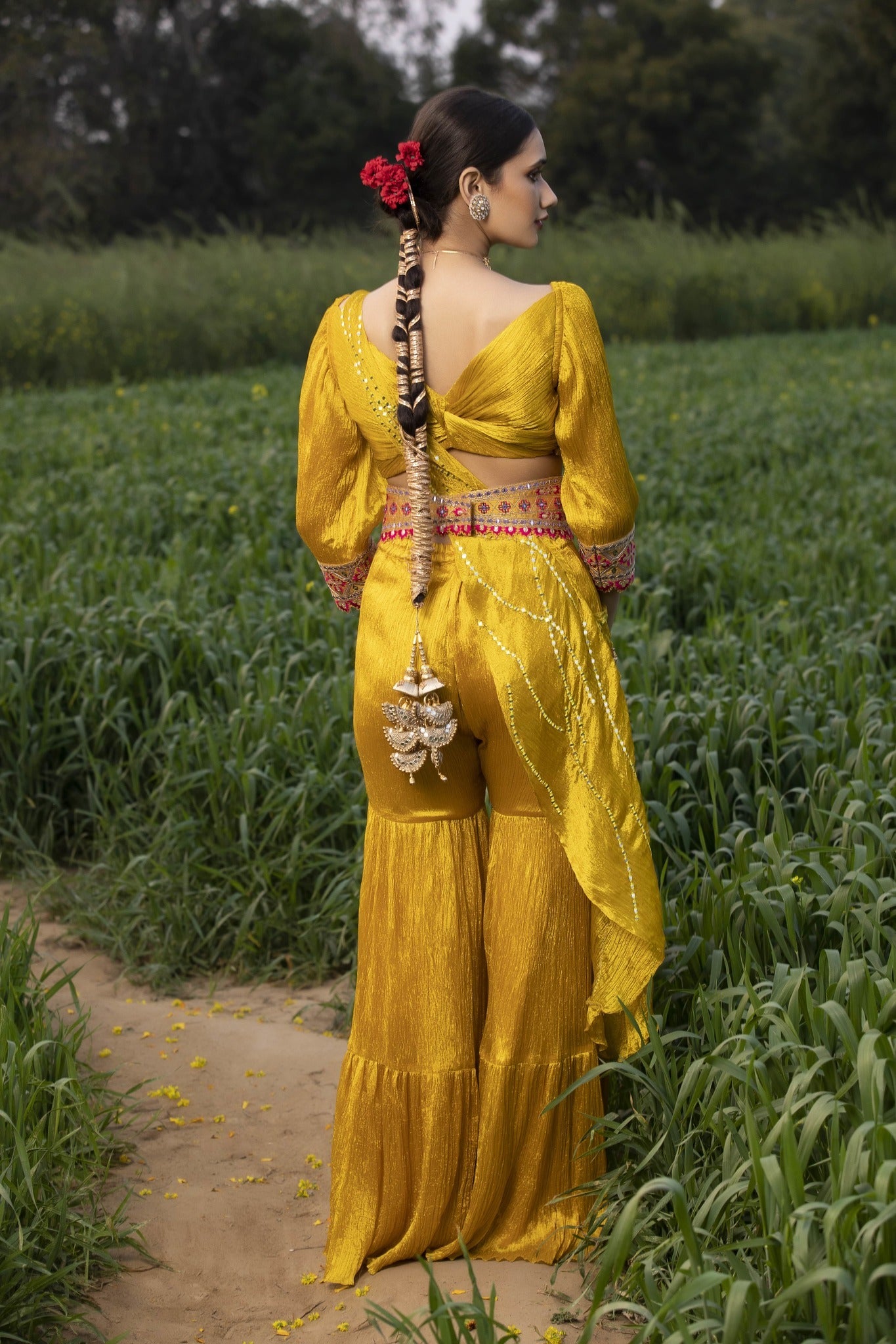 Women's Yellow Pleated Embroidered Sharara Set  backview