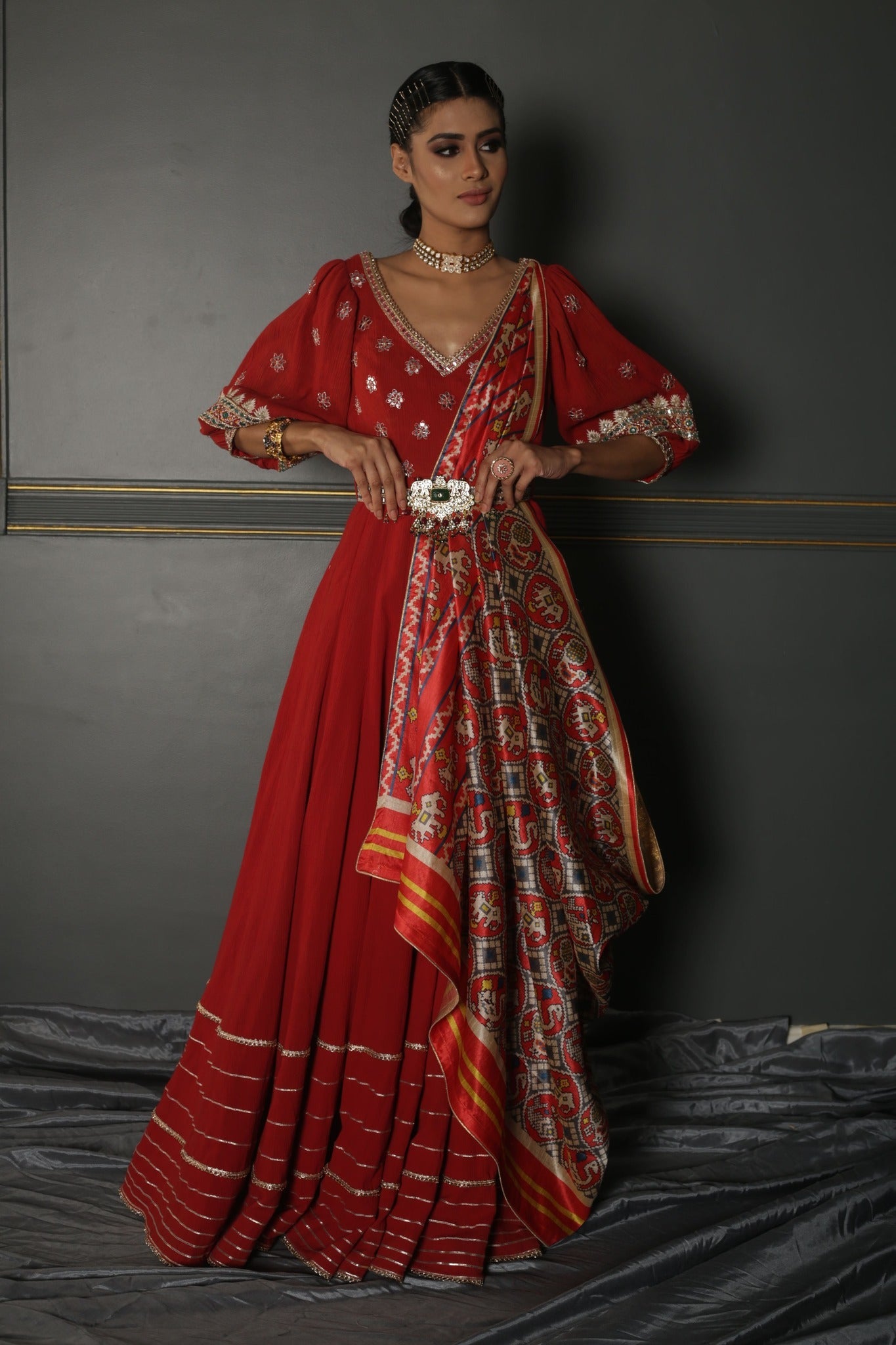 Women's Ruby Red Embroidered Anarkali Set frontview