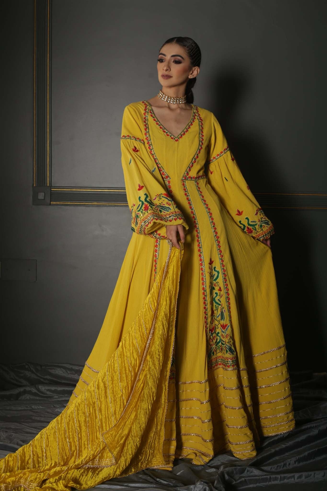 Women's Yellow Hand-Embroidered Anarkali Set 
