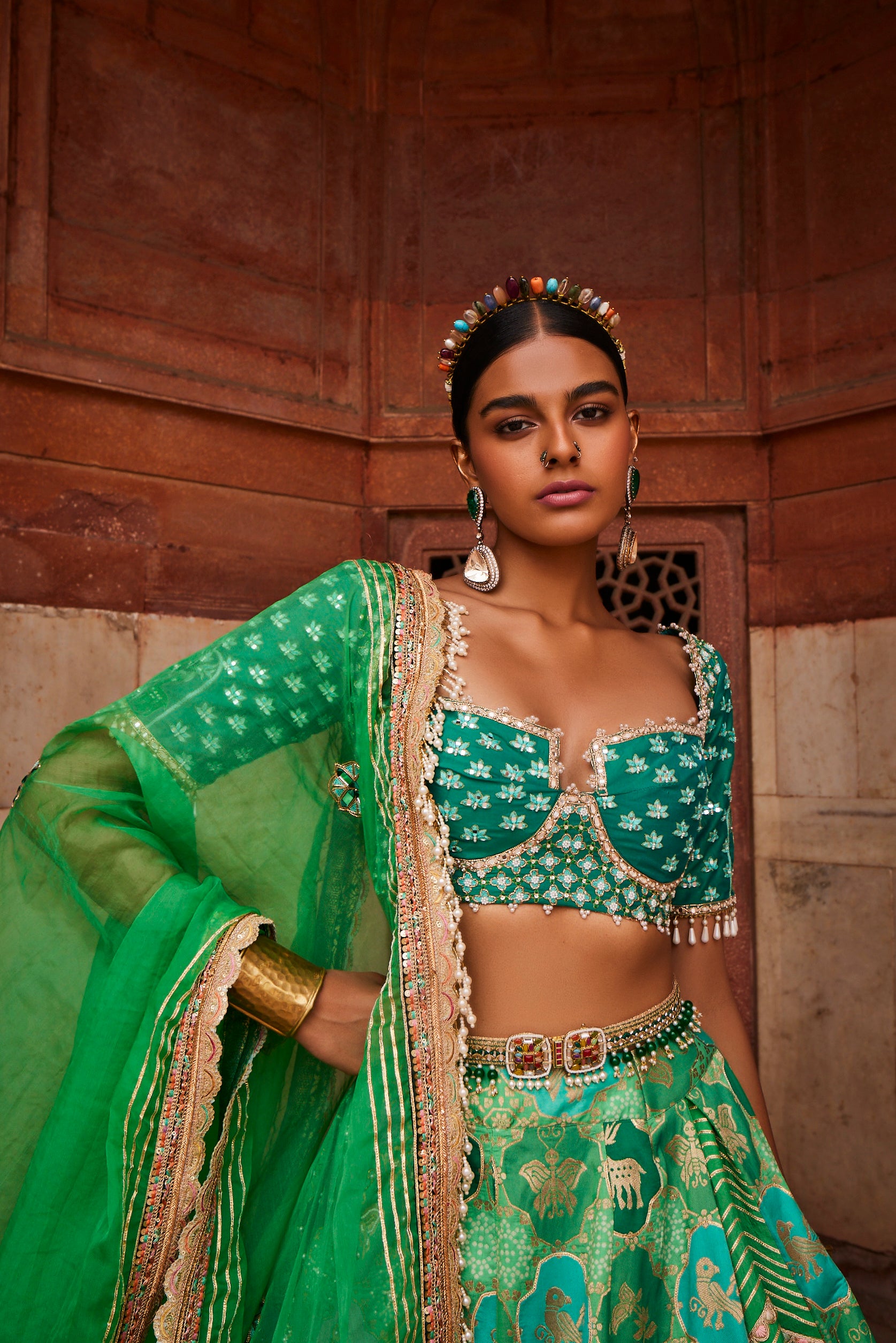 Women's Green Banarsi Woven Lehenga Set