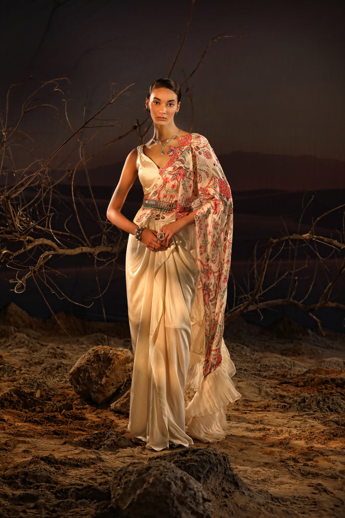 Designer Ivory Floral Satin Saree Set
