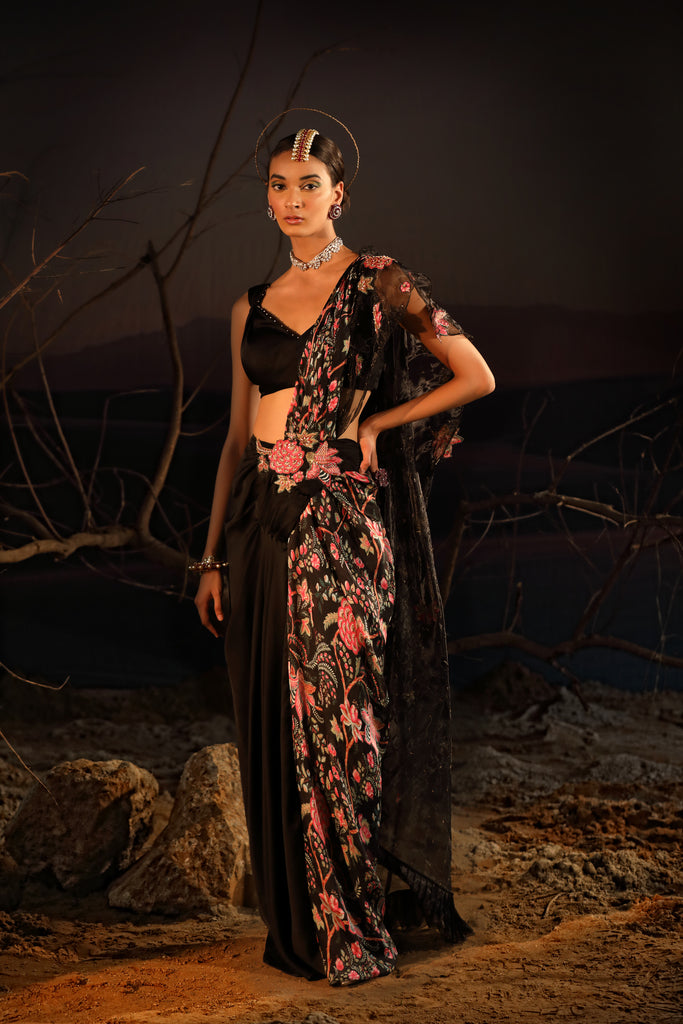 Women's Black Floral Embroidered Saree 
