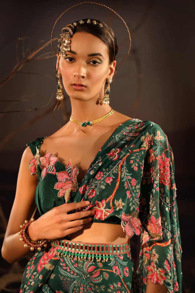 Women's Green Floral Draped Saree Set