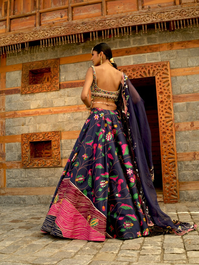 Dark Blue Zari Woven Paithani Lehenga