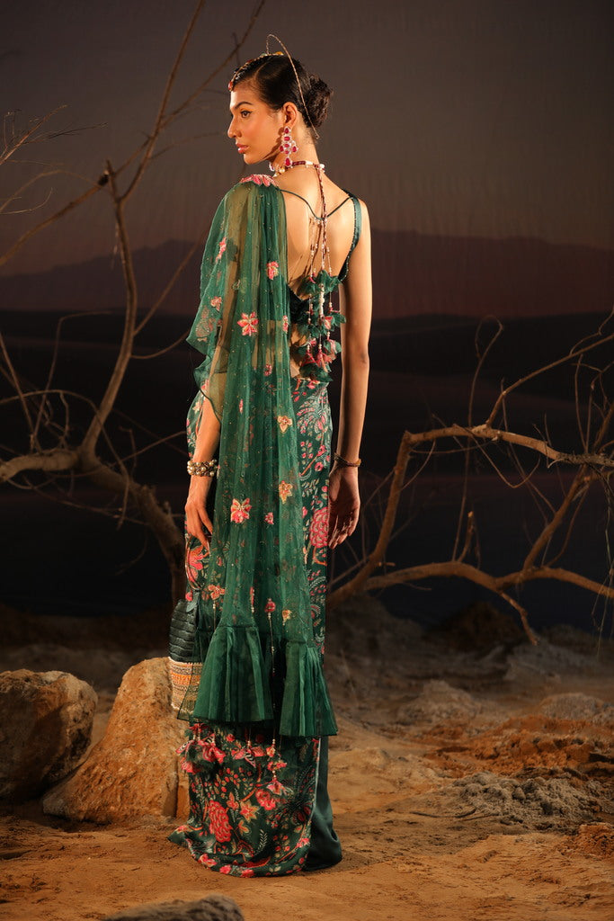 Olive Green Floral Printed Saree | Leemboodi