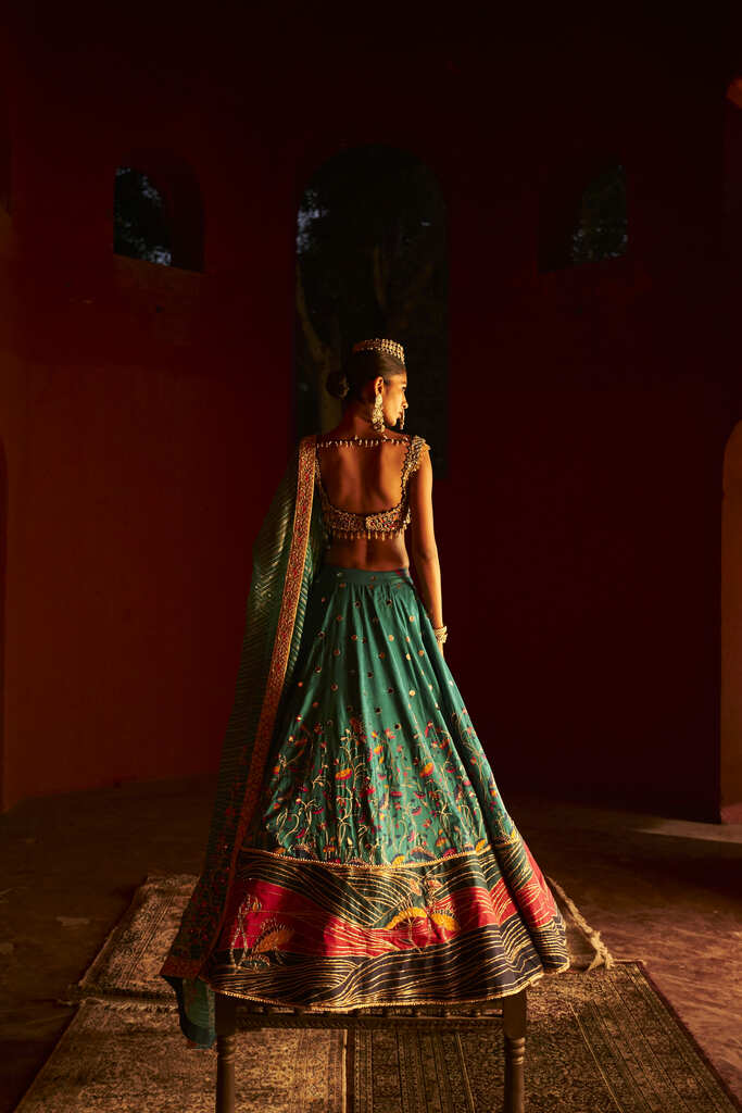 Teal Green Zari Woven Paithani Lehenga