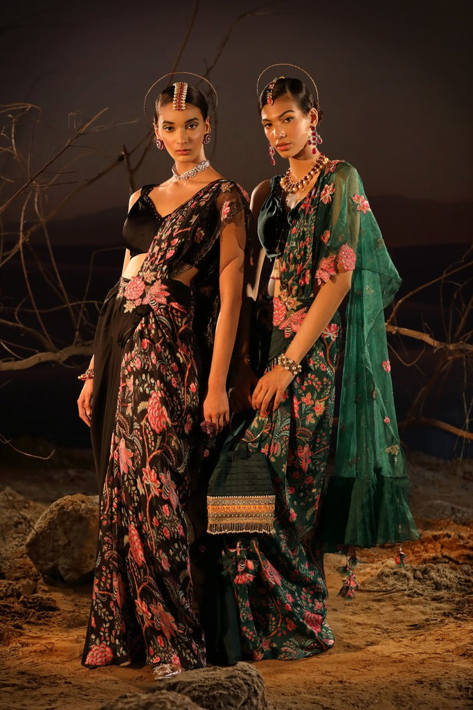 Women's Black Floral Embroidered Saree 