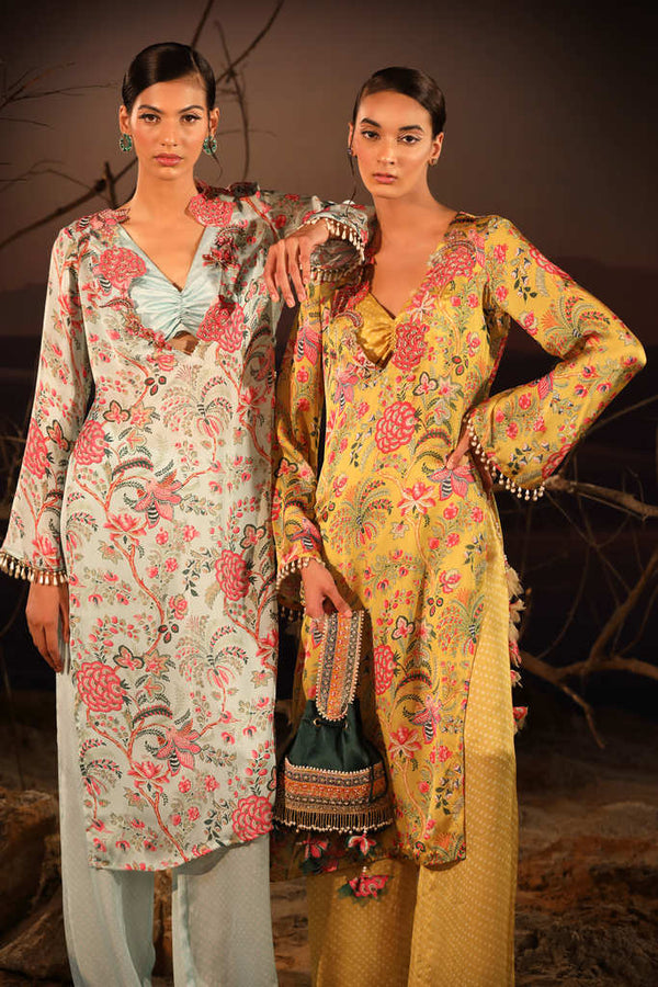 V neck floral printed mustard shade kurta sets