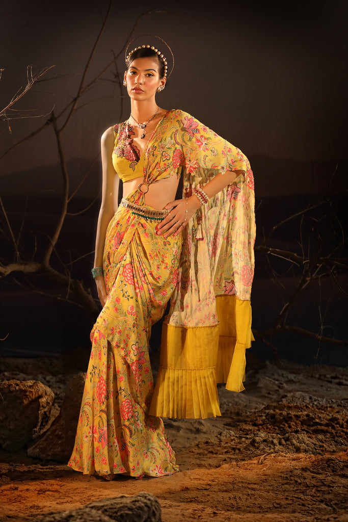  Women's Satin Floral Draped Saree Set