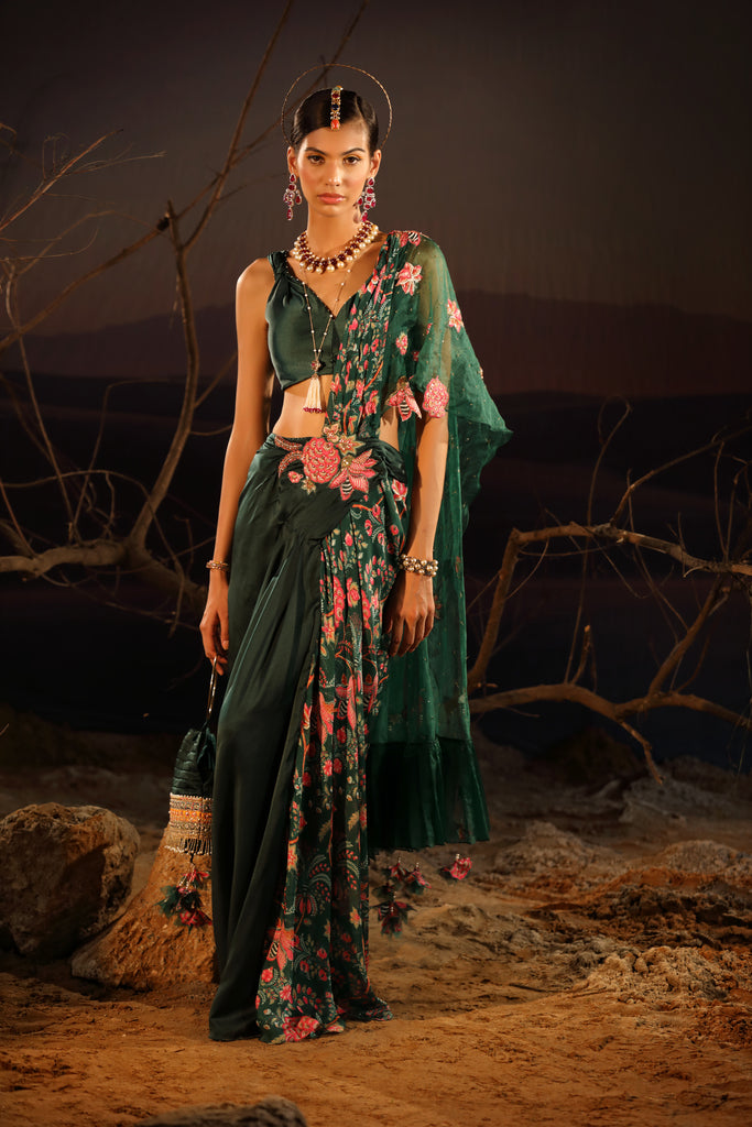 Women's Designer Green Floral Saree Set