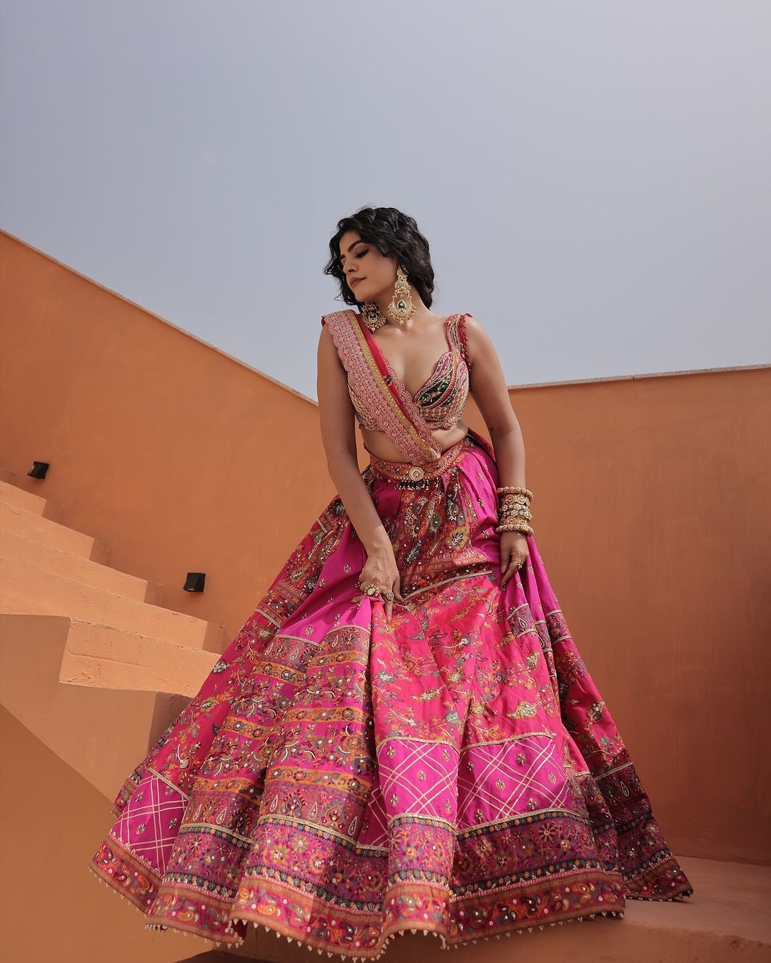 Hot pink jacquard silk banarasi lehenga set